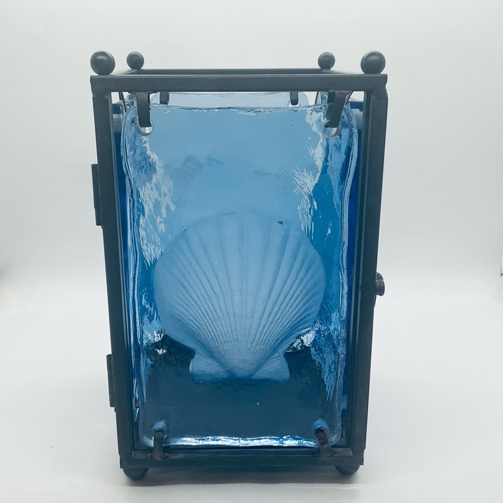 VTG Wrought Iron Square Recycled Blue Glass Candle Holder Sea Shell Incised 8”